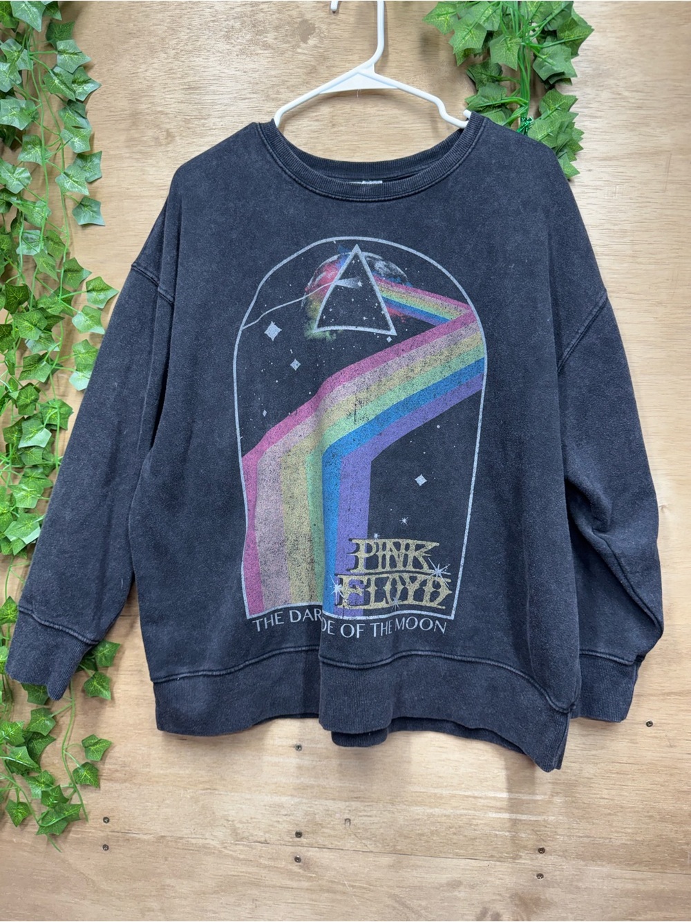 Pink Floyd Black Vintage-Wash Sweatshirt with Rainbow Prism Graphic